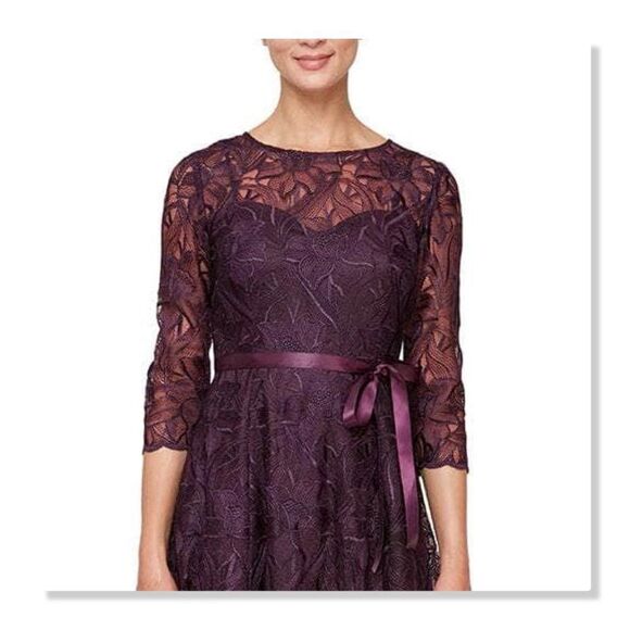 NEW! ALEX EVENINGS | Illusion Top Embroidered Tea Length Dress - [14P, purple] - Picture 2 of 13